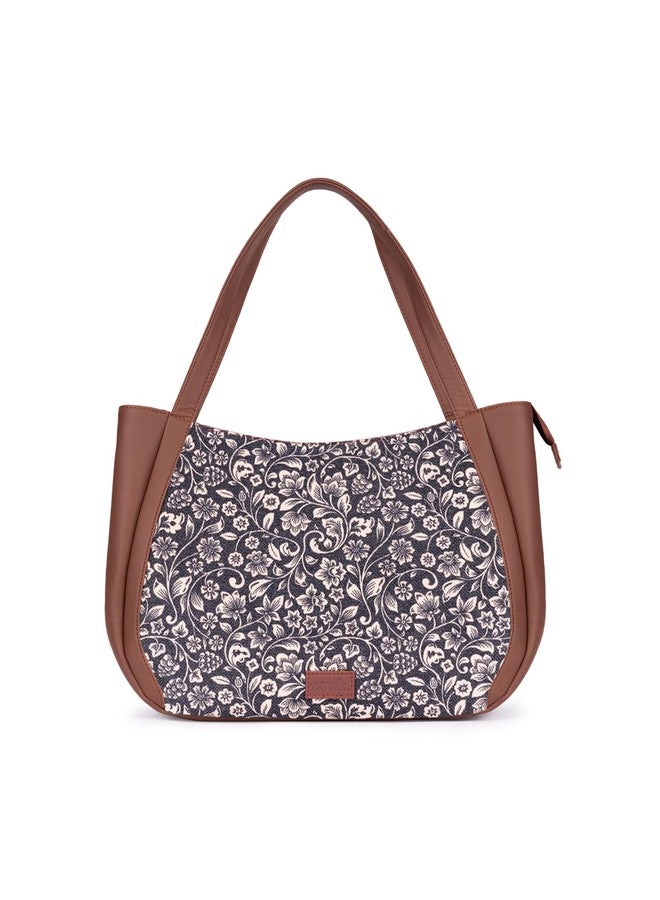 ZOUK Flomotif Floral Printed Jute Handcrafted Vegan Leather Black Women's Shoulder Luna Handbags | Ladies Purse Handbag - Image 1